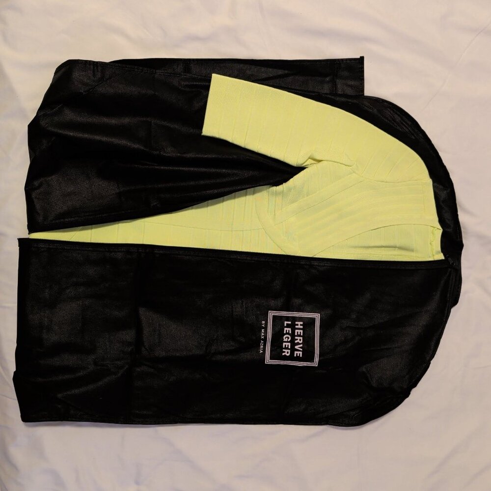 Herve Leger Neon Yellow/Green 'Nathalia' V-Neck 3/4 Sleeve Bandage Mini Dress - Picture 3 of 12